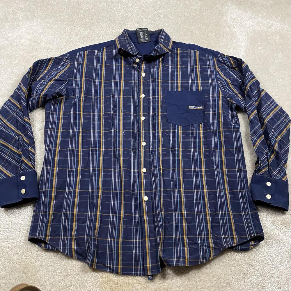 Y2K Def Jam Shirt Mens XL Blue Plaid Long Sleeve Button Up Hip Hop Streetwear